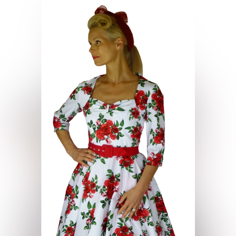 Hell Bunny Vixen Red Rose Floral Swing Dress Rockabilly White SZ L